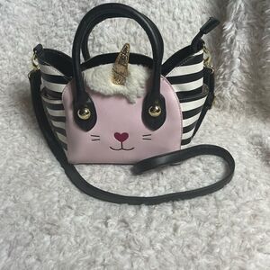 Betsey Johnson unicorn kitty small/crossbody bag  pink,black & white stripes